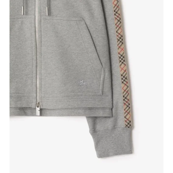 Sudadera con capucha y cremallera de algodón con ribetes de cuadros Sudadera con capucha y cremallera de algodón con ribetes de cuadros
