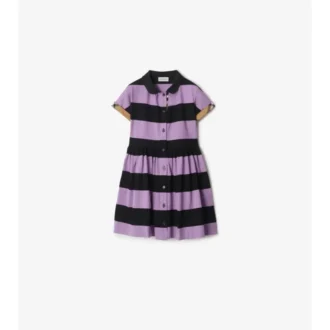 Vestido camisero de algodón a rayas con ribete de cuadros