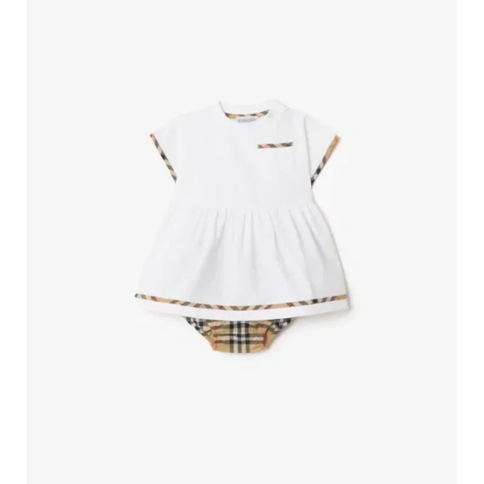 Vestido de algodón con ribetes de cuadros y bombachos Vestido de algodón con ribetes de cuadros y bombachos