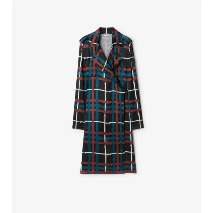 Vestido tipo gabardina de viscosa con estampado de cuadros y cinturón