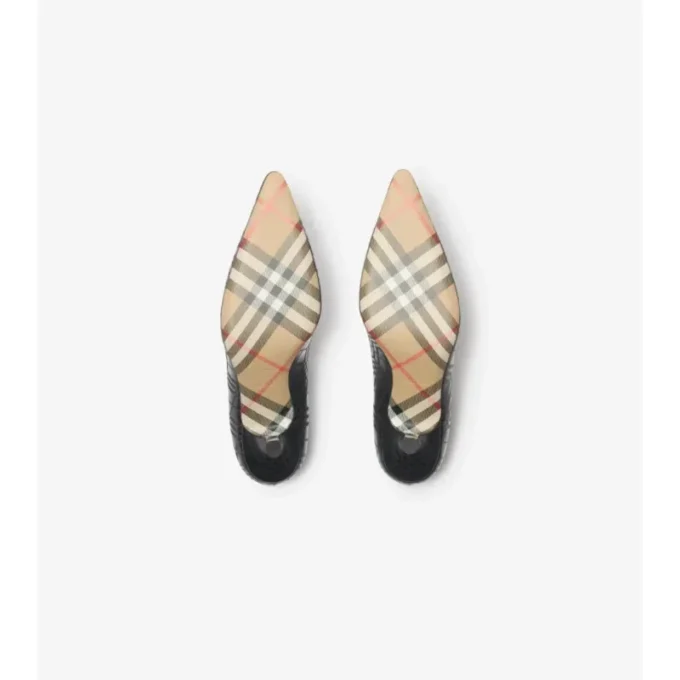 Zapatos de salón de tacón bajo de piel con estampado de cuadros Zapatos de salón de tacón bajo de piel con estampado de cuadros